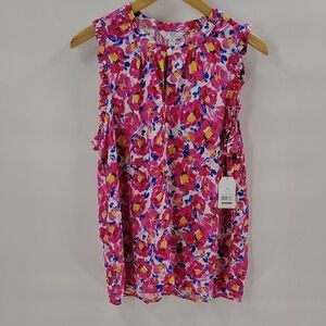 Time & Tru Pink Floral Pullover Blouse Sleeveless Top Button Front NWT Medium
